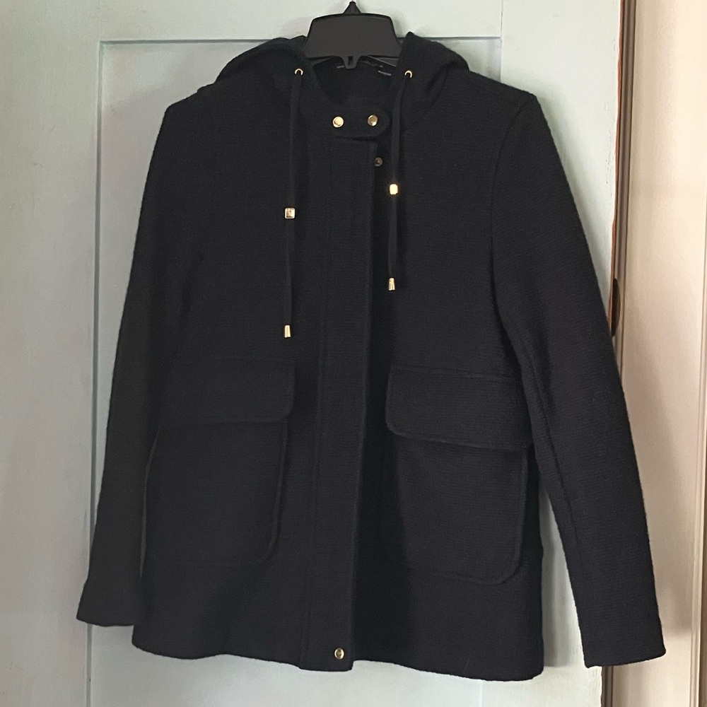 Zara Basic Navy Textured Hooded Coat with Gold-Tone Accents